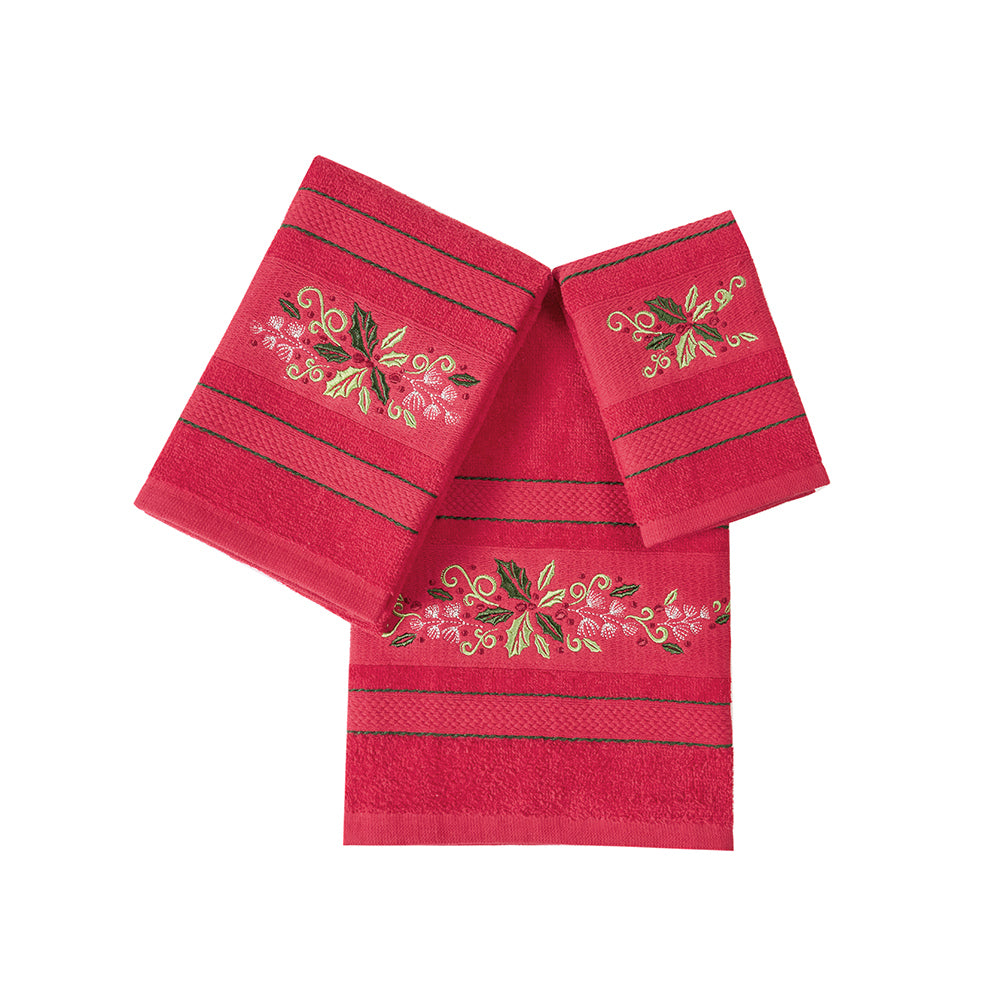 Premium Luxury Xmas Decor Soft 100% Cotton Embroidered Bathroom 3 Piece Christmas Towel Set, Red Color Christmas Wreath