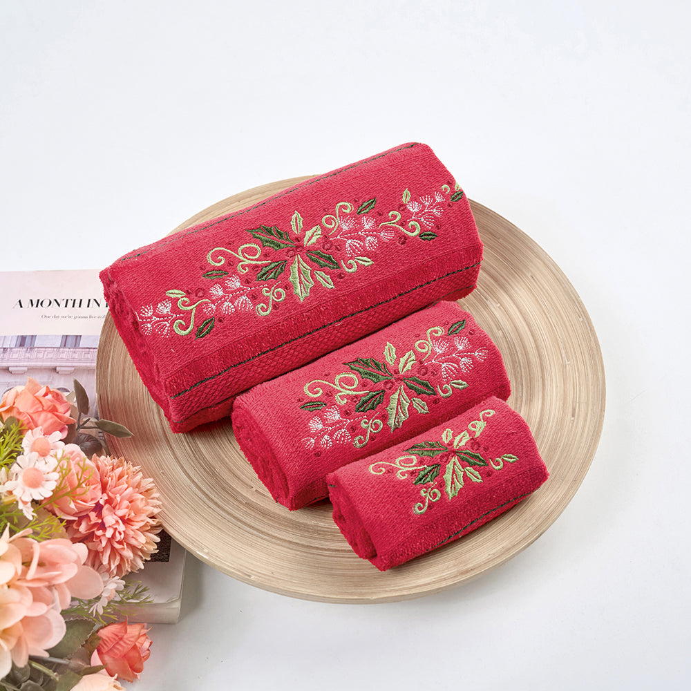 Premium Luxury Xmas Decor Soft 100% Cotton Embroidered Bathroom 3 Piece Christmas Towel Set, Red Color Christmas Wreath