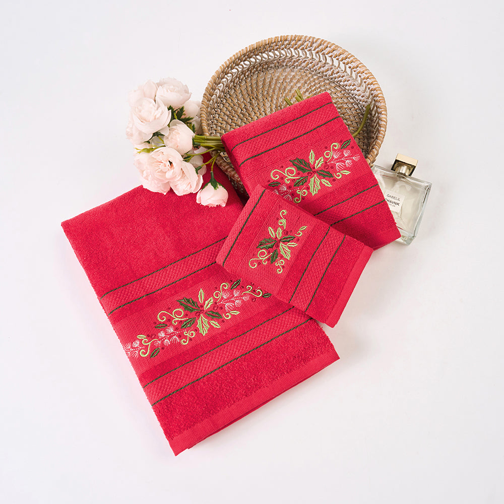 Premium Luxury Xmas Decor Soft 100% Cotton Embroidered Bathroom 3 Piece Christmas Towel Set, Red Color Christmas Wreath