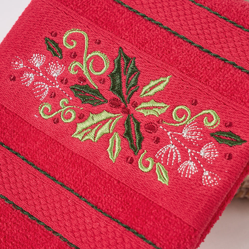 Premium Luxury Xmas Decor Soft 100% Cotton Embroidered Bathroom 3 Piece Christmas Towel Set, Red Color Christmas Wreath