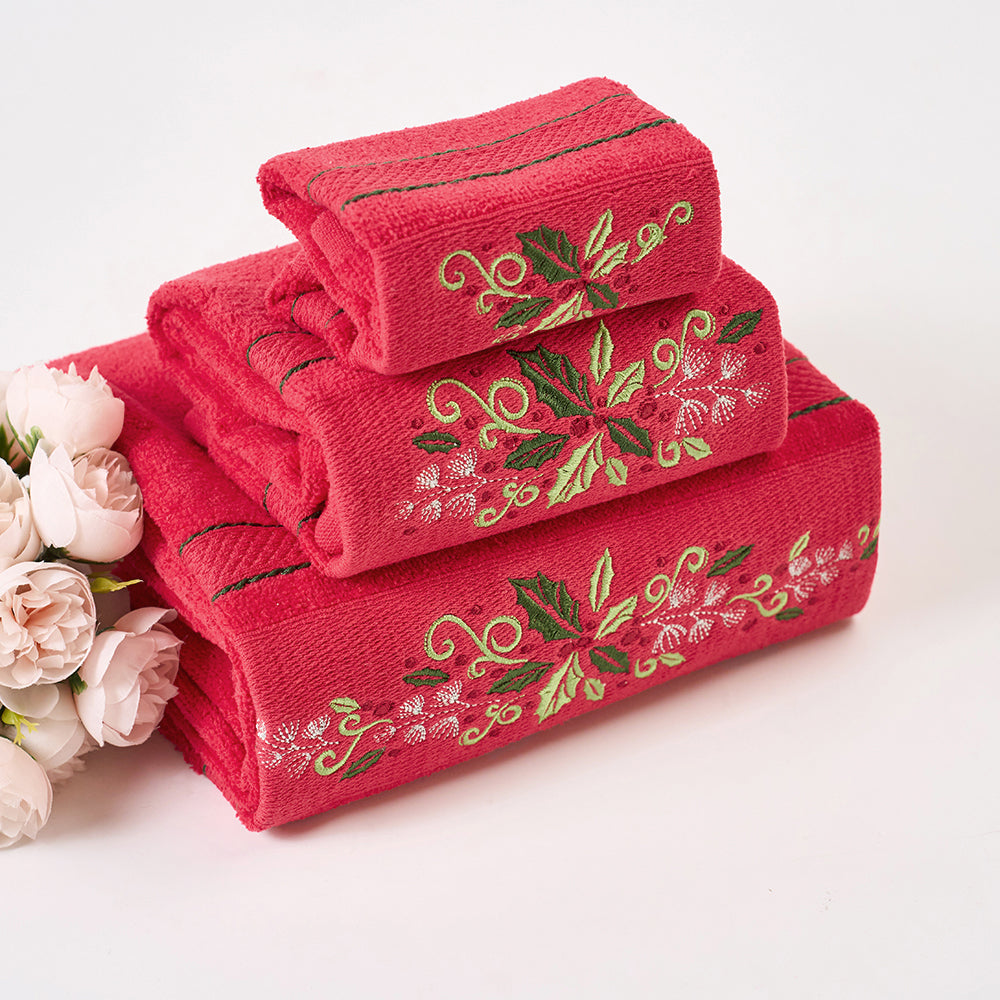 Premium Luxury Xmas Decor Soft 100% Cotton Embroidered Bathroom 3 Piece Christmas Towel Set, Red Color Christmas Wreath