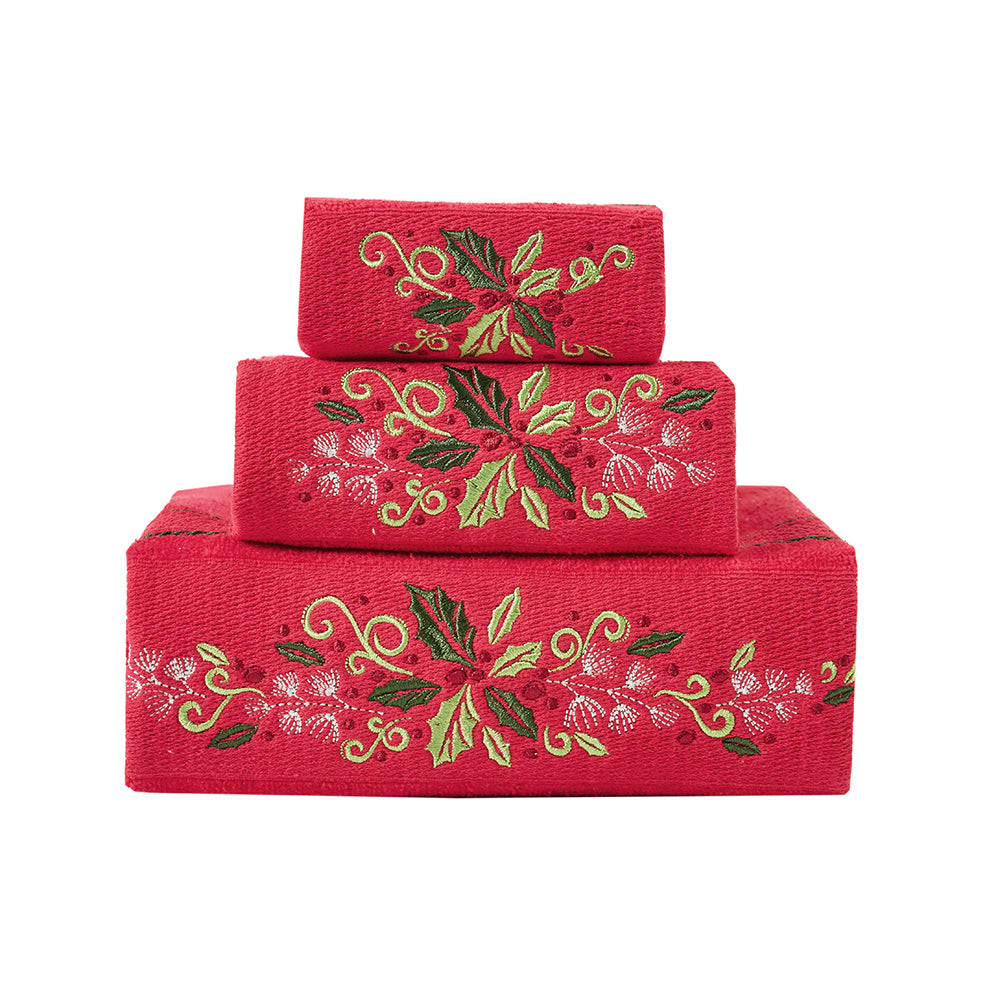 Premium Luxury Xmas Decor Soft 100% Cotton Embroidered Bathroom 3 Piece Christmas Towel Set, Red Color Christmas Wreath
