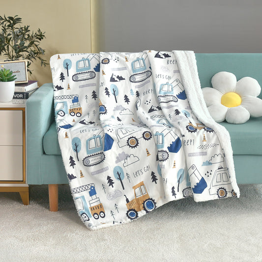 Kid Printed Fluffy Plush Soft Warm Flannel Fleece Children Throw Sherpa Kids Blanket, 40" x 50" Cartoon Truck