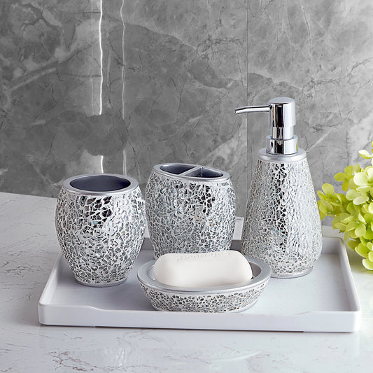 Modern Luxury Décor Bath Accessory Ensemble Bathroom Lotion Dispenser Toothbrush Holder Tumbler Soap Dish, Silver Mosaic Glass