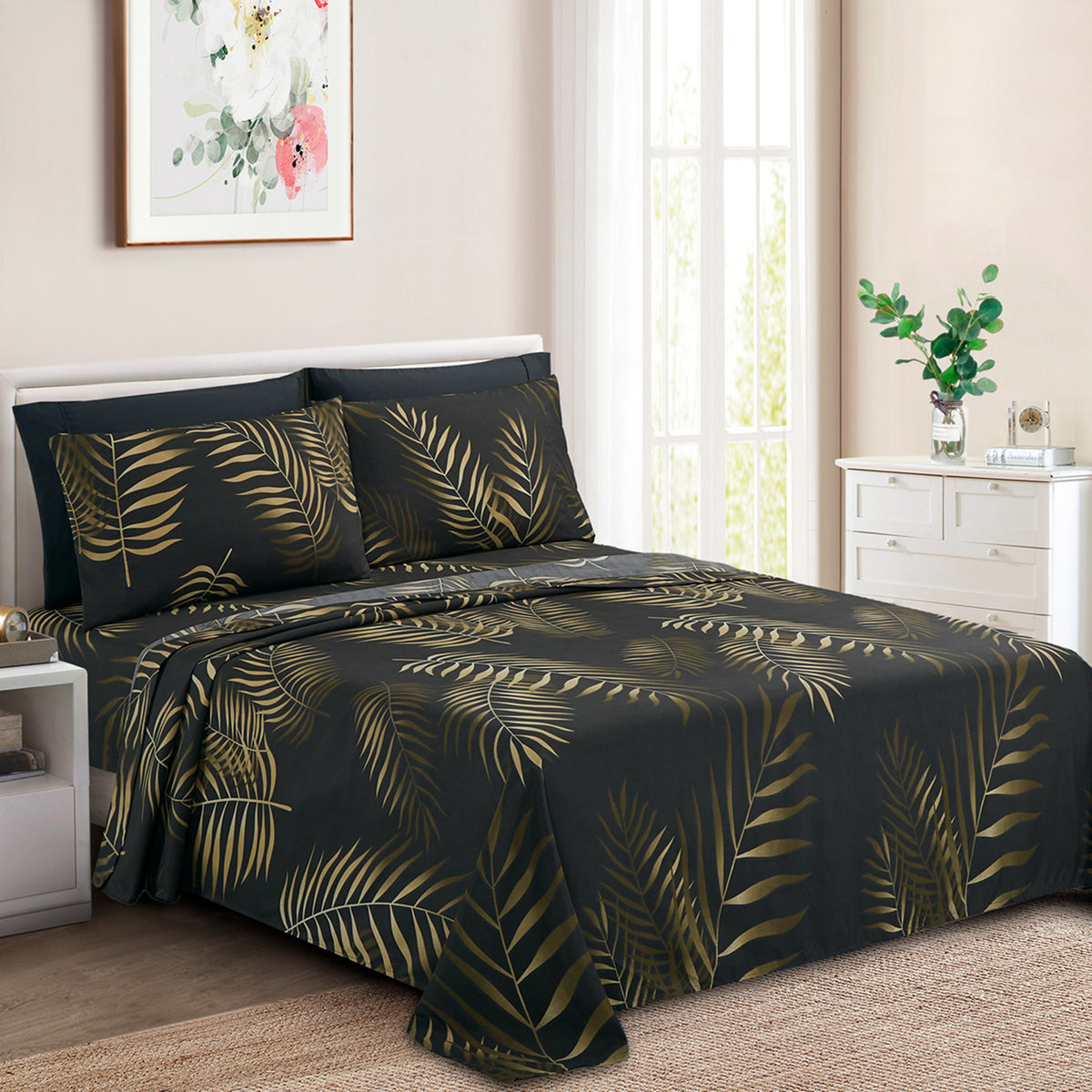 Printed Rayon from Bamboo Soft Deep Pocket Bedding All Season Sheet Set, Modern Black Gold Palm Leaf