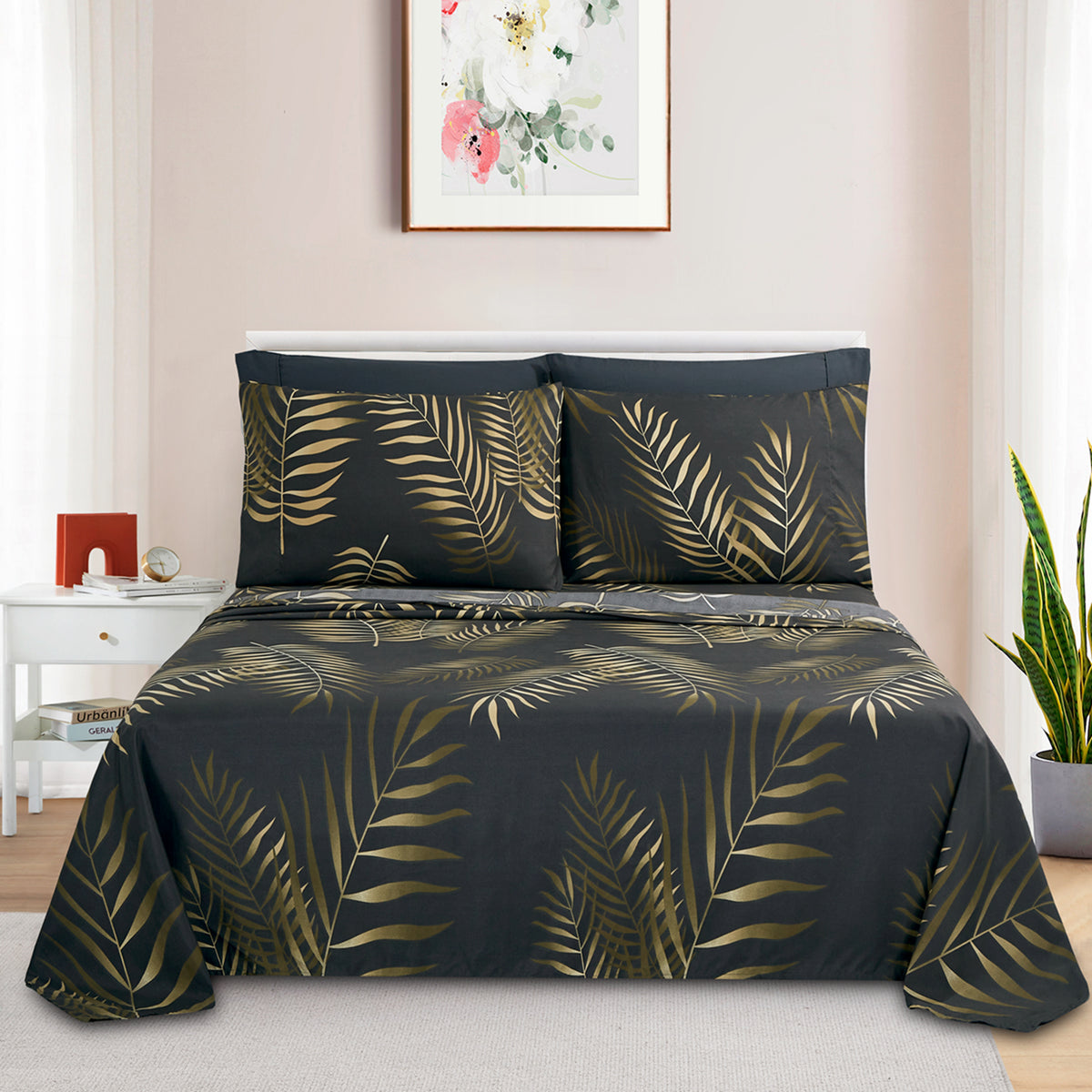 Printed Rayon from Bamboo Soft Deep Pocket Bedding All Season Sheet Set, Modern Black Gold Palm Leaf