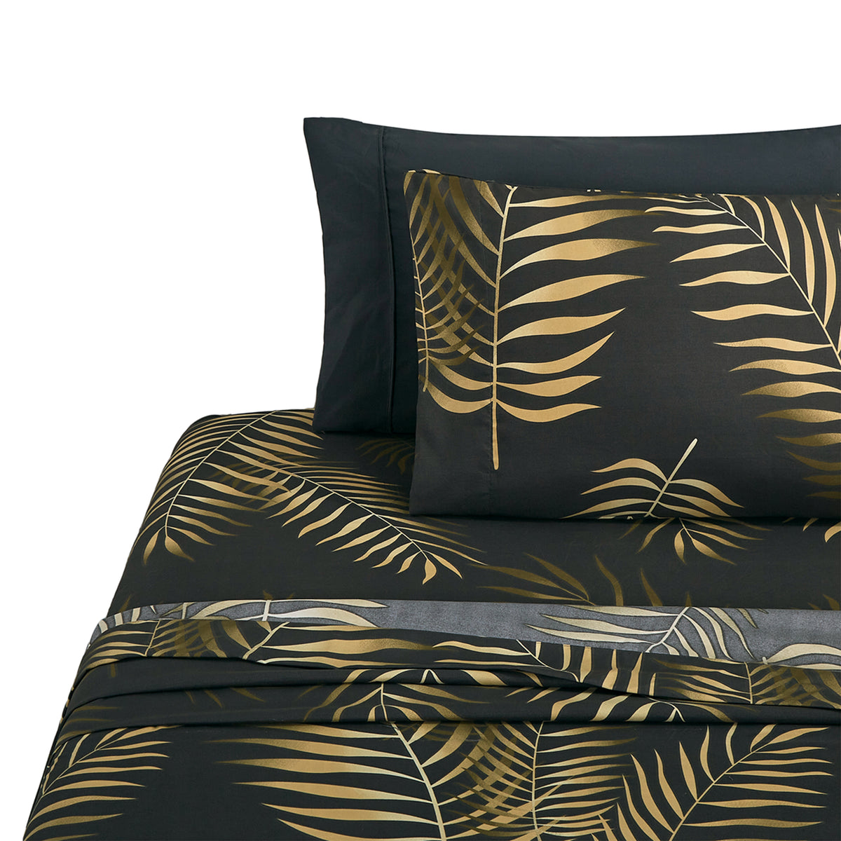 Printed Rayon from Bamboo Soft Deep Pocket Bedding All Season Sheet Set, Modern Black Gold Palm Leaf