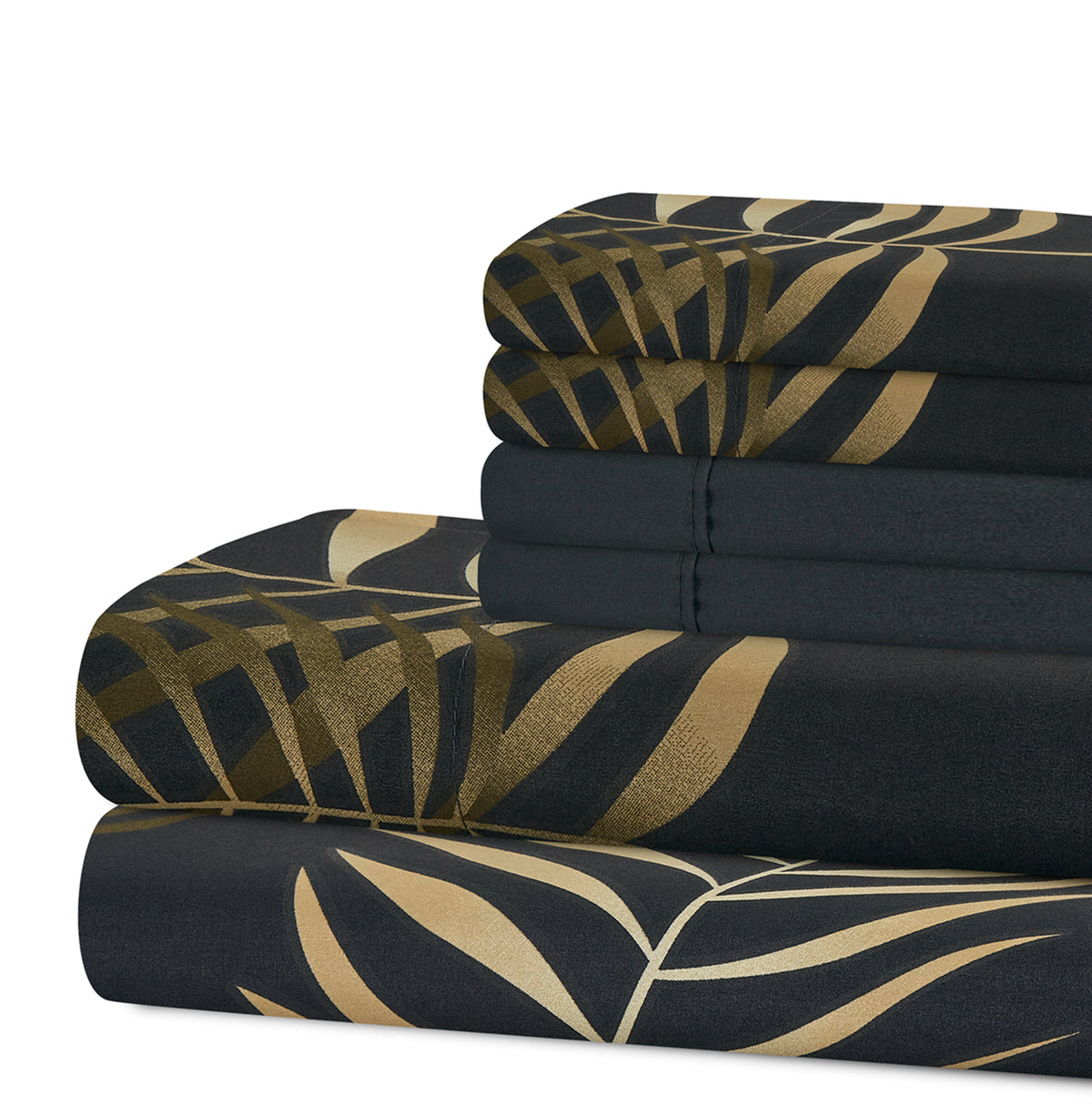 Printed Rayon from Bamboo Soft Deep Pocket Bedding All Season Sheet Set, Modern Black Gold Palm Leaf