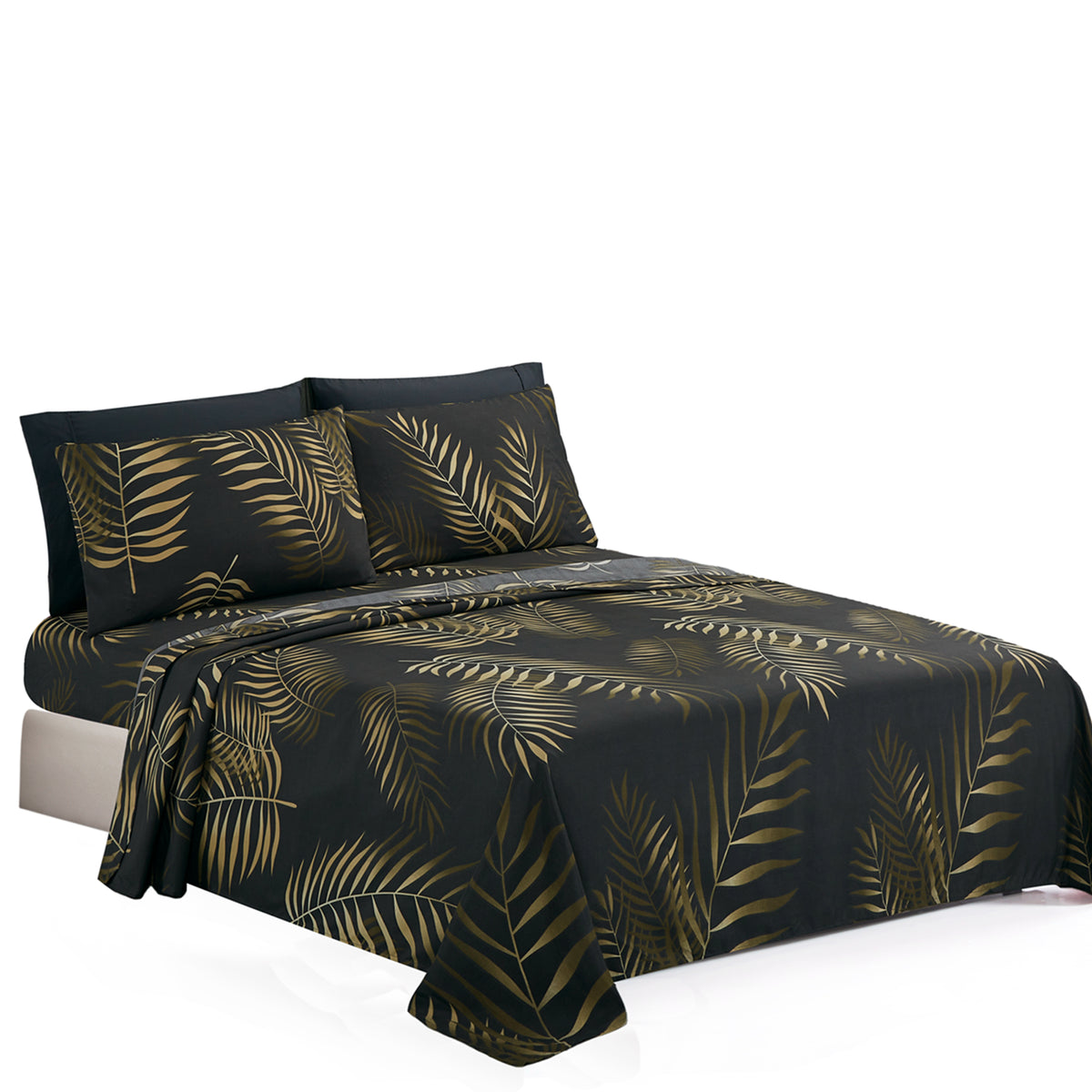Printed Rayon from Bamboo Soft Deep Pocket Bedding All Season Sheet Set, Modern Black Gold Palm Leaf