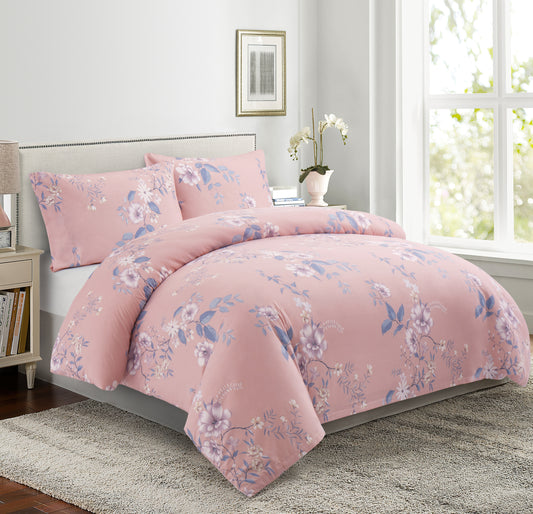 Printed Rayon from Bamboo Soft All Season Duvet Cover Fitted Sheet Ensemble Bedding Set with Zipper and Corner Tie, Purple Floral Pink