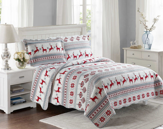 Printed Embossed Pinsonic Soft Bedding Summer Christmas Quilt Set, Xmas Deer