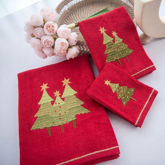 Premium Luxury Xmas Decor Soft 100% Cotton Embroidered Bathroom Christmas 3 Piece Towel Set, Christmas Tree