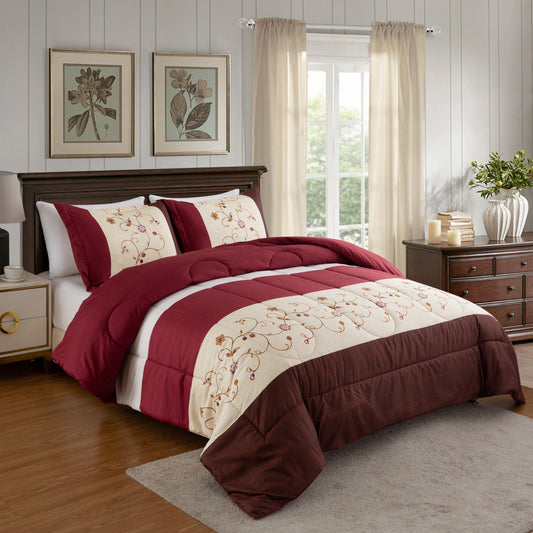 Home Decor Soft Luxury Fluffy Goose Down Alternative Bedding Printed Comforter Set, Modern Burgundy Cosmos Floral