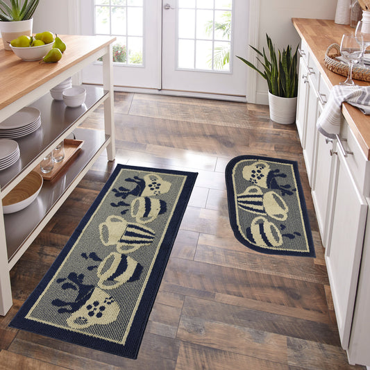 Decor Non-Slip Back Water Absorbent Soft Woven Runner Area Carpet Floor Mat Indoor Kitchen Rug, Navy Blue Coffee Cup Design