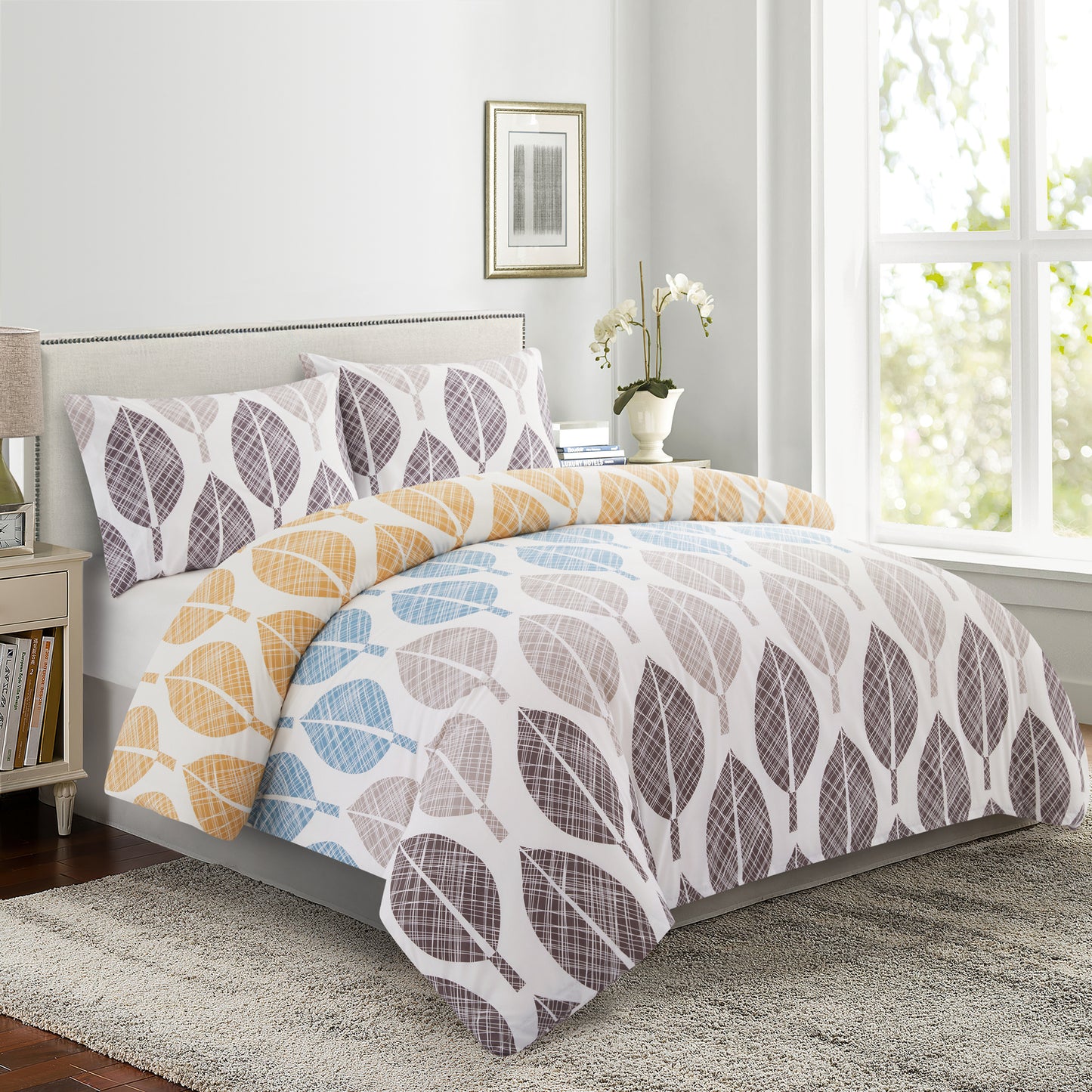 Printed Rayon from Bamboo Soft Bedding Silky Zipper All Season Duvet Cover Set, Modern Colorful Leaves