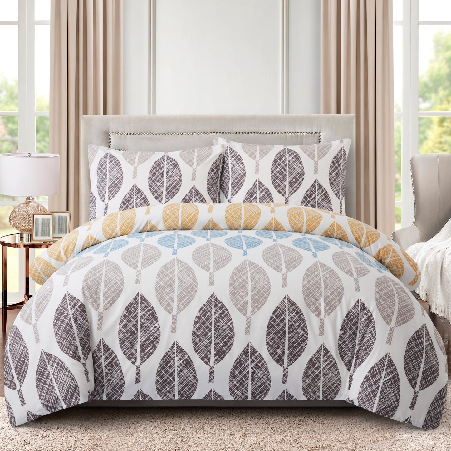 Printed Rayon from Bamboo Soft Bedding Silky Zipper All Season Duvet Cover Set, Modern Colorful Leaves