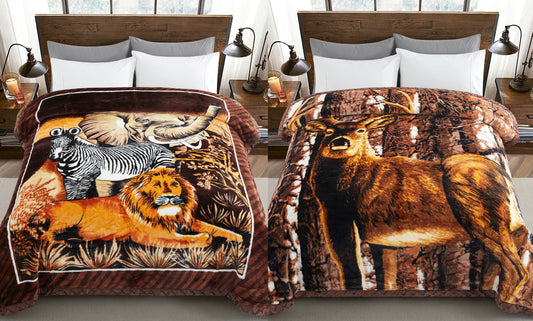 Printed Reversible Woven Fluffy Plush Soft Warm Korean Style 2 Ply Flannel Fleece Throw Animal Mink Blanket, 78" x 86" Deer Safari