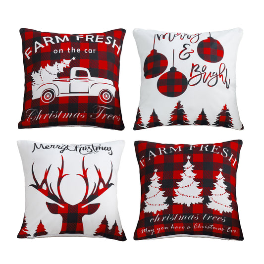 Christmas Printed Cushion Cover Set Modern Decorative Throw Xmas Pillow Covers Pack of 4, Rustic Red Black Plaid