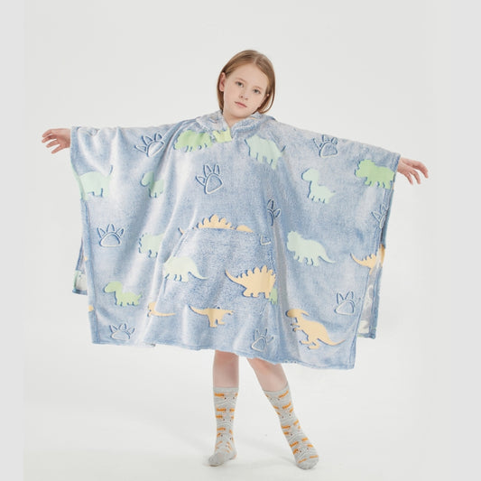 Glow in the Dark Kids Wearable Hoodie Blanket for Boys Girls Soft Warm Flannel Fleece Hooded Sweatshirt, 110 x 75 cm Dinosaur