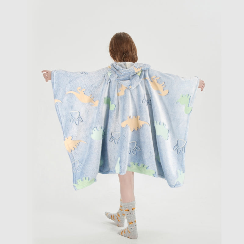 Glow in the Dark Kids Wearable Hoodie Blanket for Boys Girls Soft Warm Flannel Fleece Hooded Sweatshirt, 110 x 75 cm Dinosaur