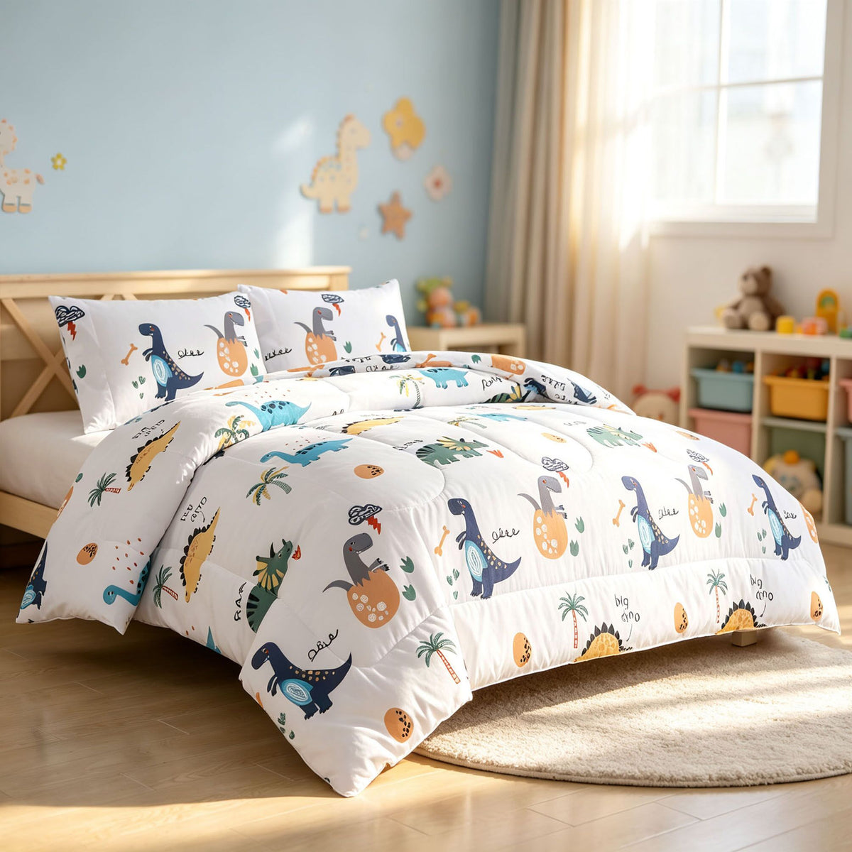 Home Decor Soft Luxury Fluffy Goose Down Alternative Bedding Kids Printed Comforter Set, Dino Cartoon Dinosaur Adventure Pattern