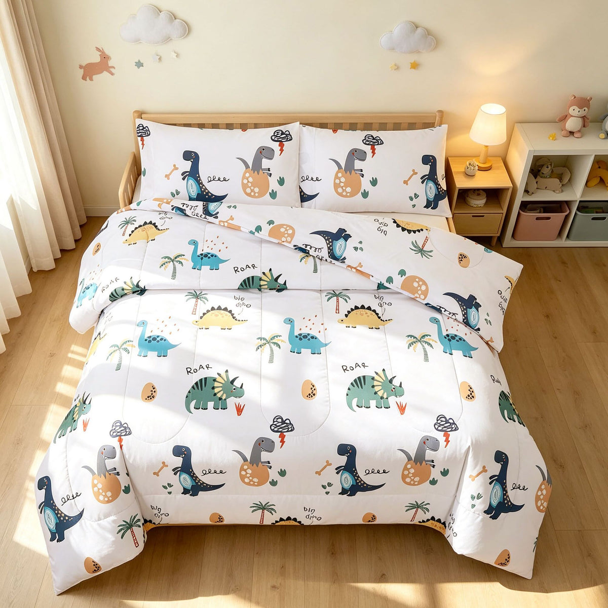 Home Decor Soft Luxury Fluffy Goose Down Alternative Bedding Kids Printed Comforter Set, Dino Cartoon Dinosaur Adventure Pattern