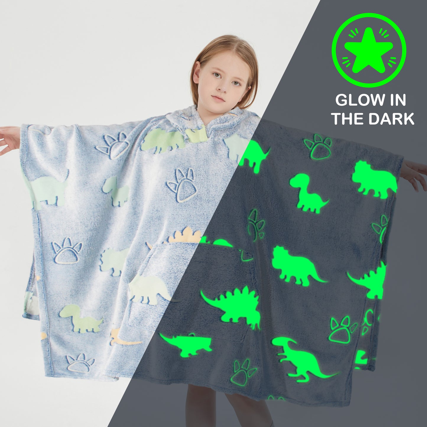 Glow in the Dark Kids Wearable Hoodie Blanket for Boys Girls Soft Warm Flannel Fleece Hooded Sweatshirt, 110 x 75 cm Dinosaur