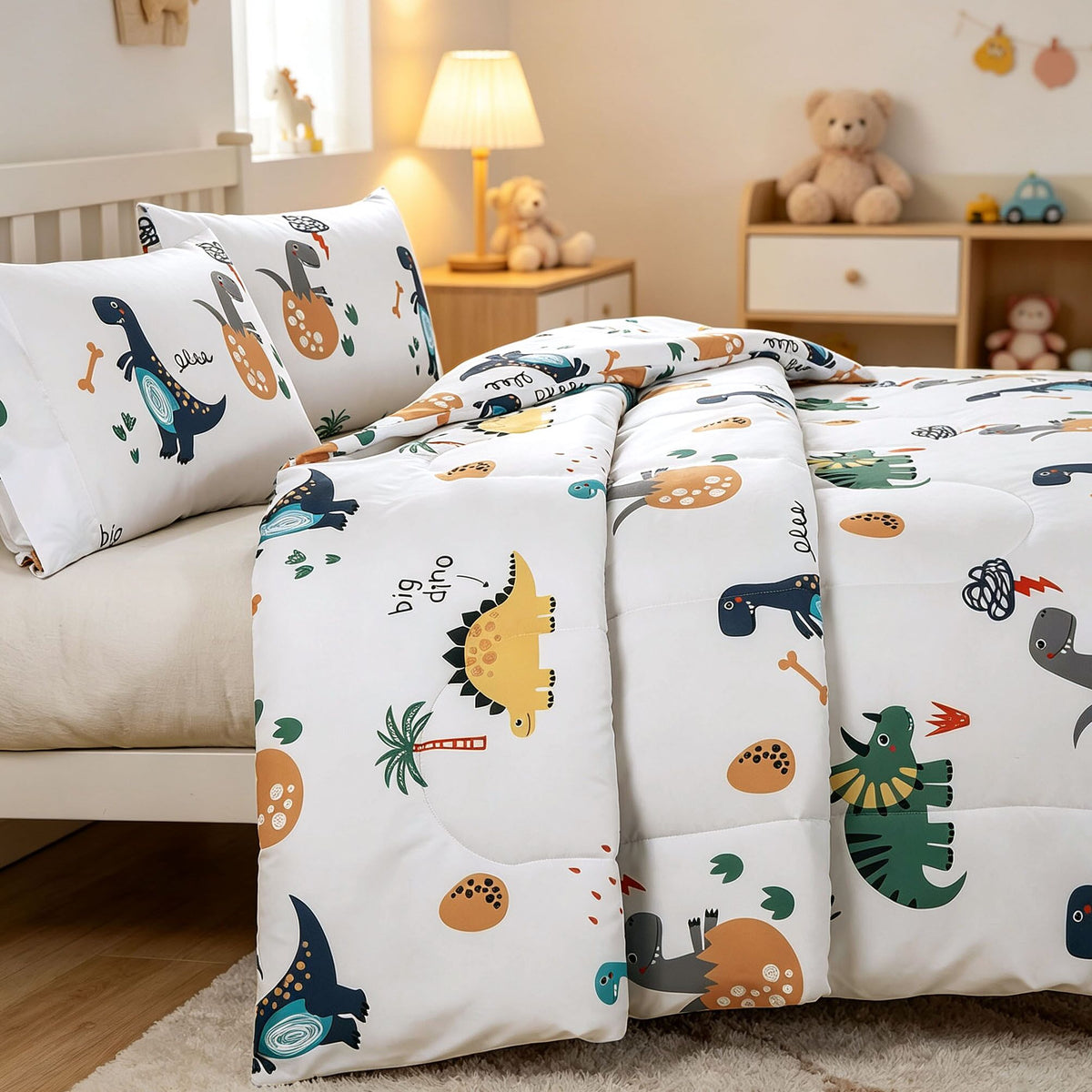 Home Decor Soft Luxury Fluffy Goose Down Alternative Bedding Kids Printed Comforter Set, Dino Cartoon Dinosaur Adventure Pattern