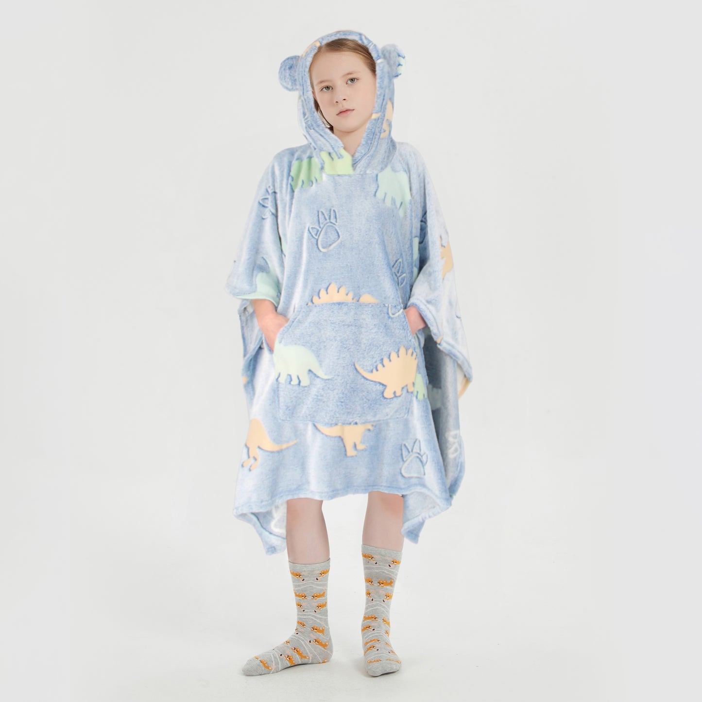 Glow in the Dark Kids Wearable Hoodie Blanket for Boys Girls Soft Warm Flannel Fleece Hooded Sweatshirt, 110 x 75 cm Dinosaur