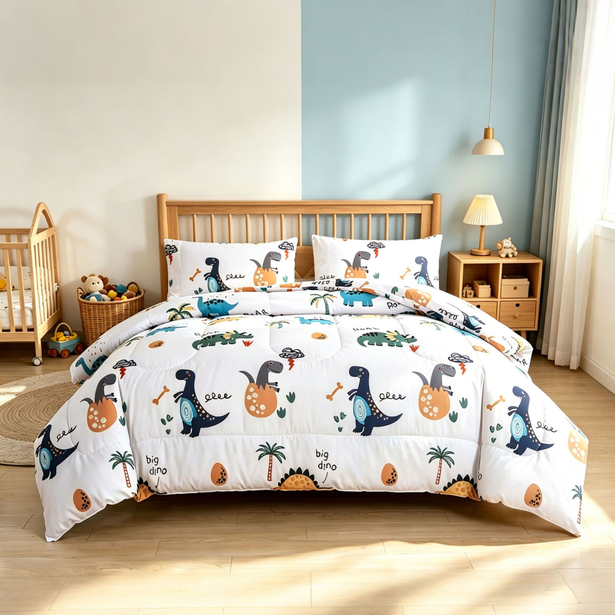 Home Decor Soft Luxury Fluffy Goose Down Alternative Bedding Kids Printed Comforter Set, Dino Cartoon Dinosaur Adventure Pattern
