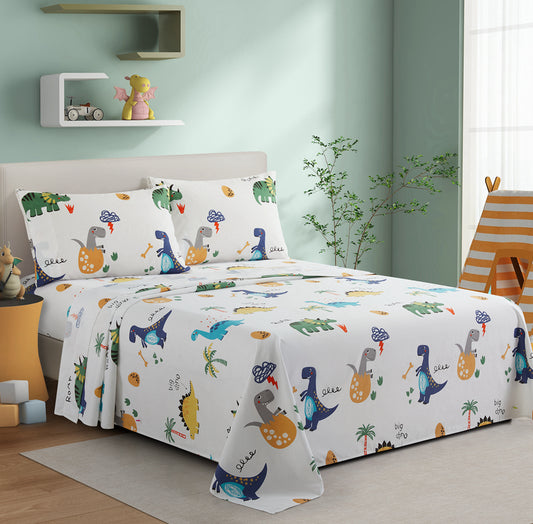 Kids Boys Toddlers Printed 600 Thread Count Soft Deep Pocket Cotton Percale All Season Bedding Sheet Set, Dinosaur Zoo Dino