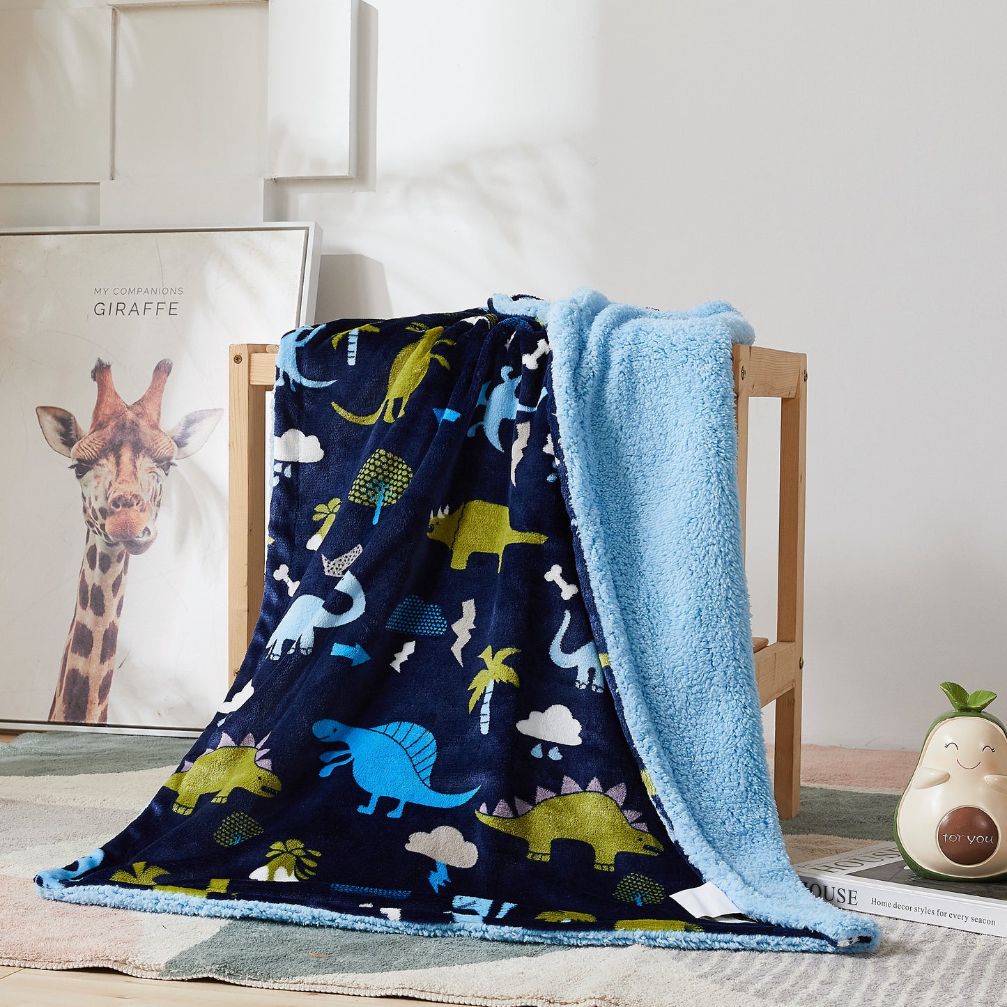 Kid Printed Fluffy Plush Soft Warm Flannel Fleece Children Throw Sherpa Kids Blanket, 30" x 40" Navy Blue Dinosaur Zoo