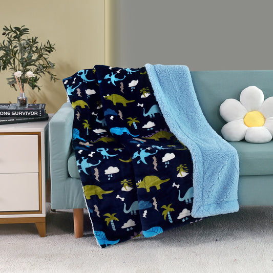 Kid Printed Fluffy Plush Soft Warm Flannel Fleece Children Throw Sherpa Kids Blanket, 40" x 50" Navy Blue Dinosaur Zoo