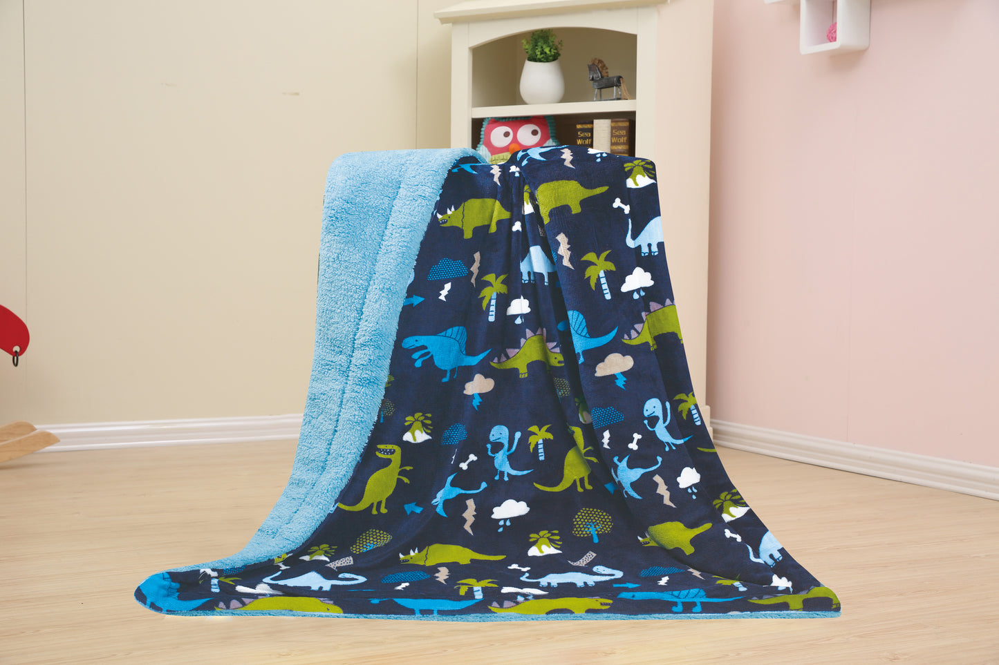 Kid Printed Fluffy Plush Soft Warm Flannel Fleece Children Throw Sherpa Kids Blanket, 30" x 40" Navy Blue Dinosaur Zoo