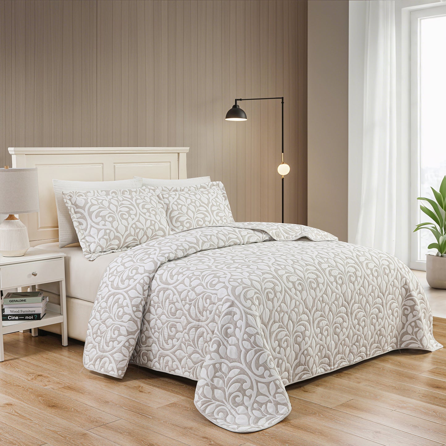 Jacquard Embroidered Stitching Soft Bedding Solid Summer Quilt Set, Grey Leaves