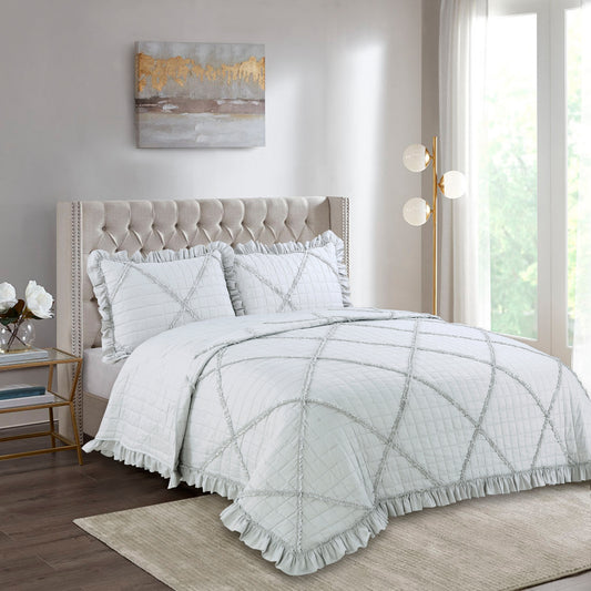 Embroidered Stitching Ruffled Textured Shabby Soft Bedding Solid Summer Quilt Set