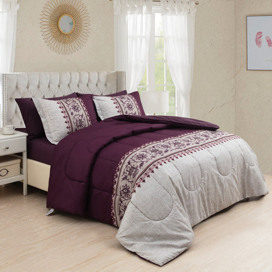 Printed Bed in a Bag Soft Luxury Fluffy Goose Down Alternative Comforter and Sheet Set, Modern Eggplant Aster Floral Pattern