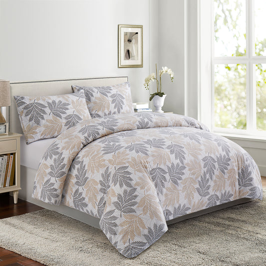Printed Rayon from Bamboo Soft Bedding Silky Zipper All Season Duvet Cover Set, Taupe Grey Leaves