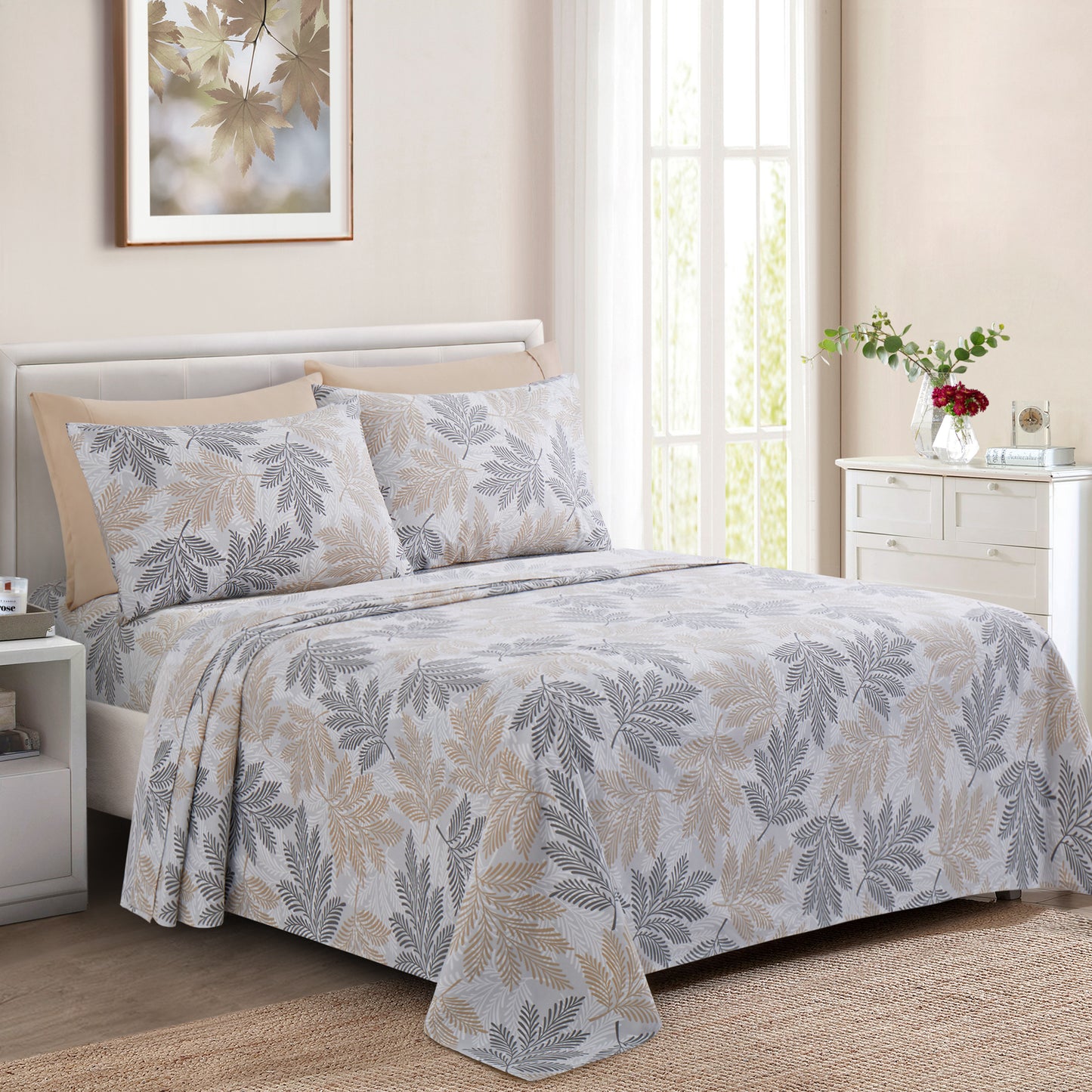 Printed Rayon from Bamboo Soft Deep Pocket Bedding All Season Sheet Set, Taupe Grey Leaves