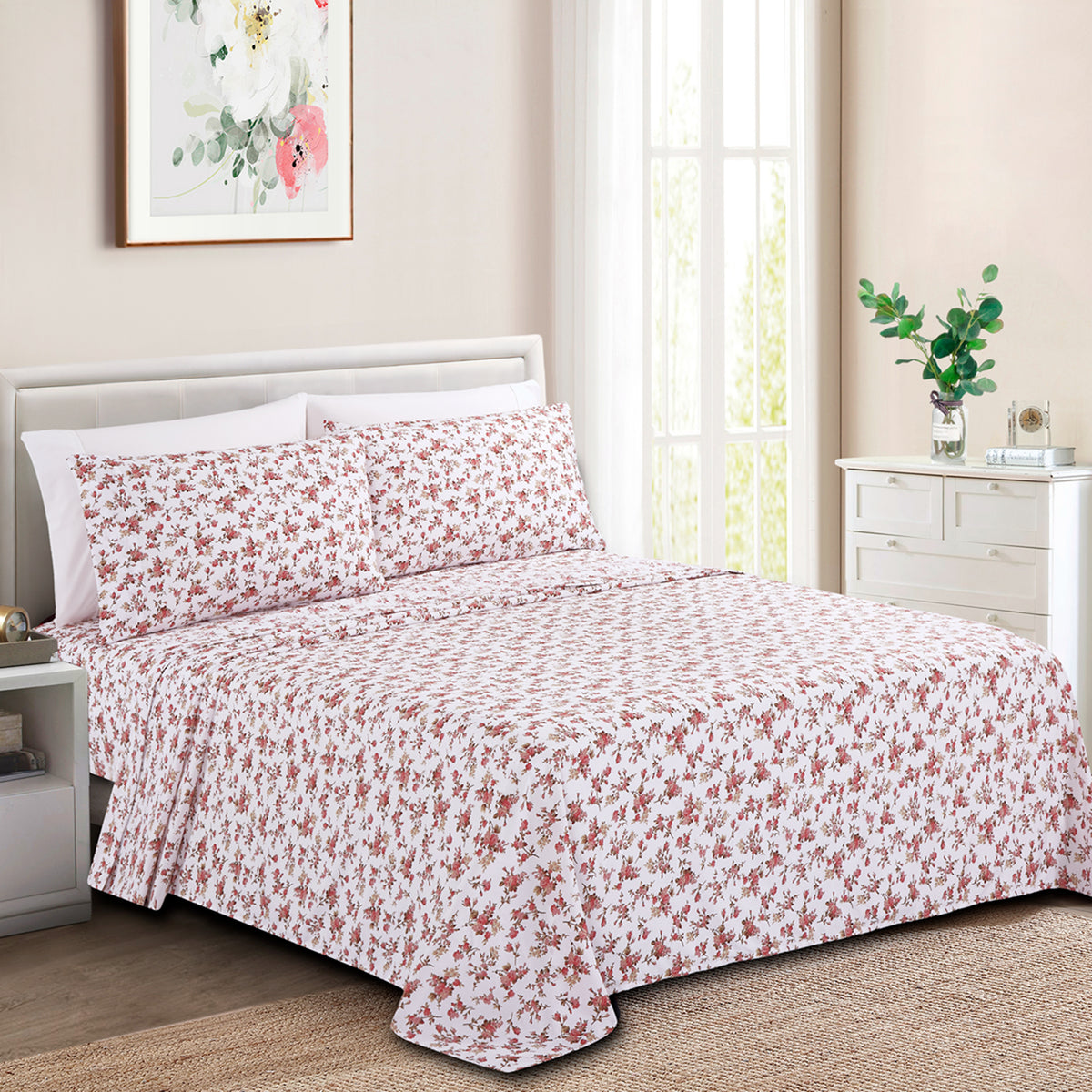 Printed Rayon from Bamboo Soft Deep Pocket Bedding All Season Sheet Set, Pink Small Ditsy Floral