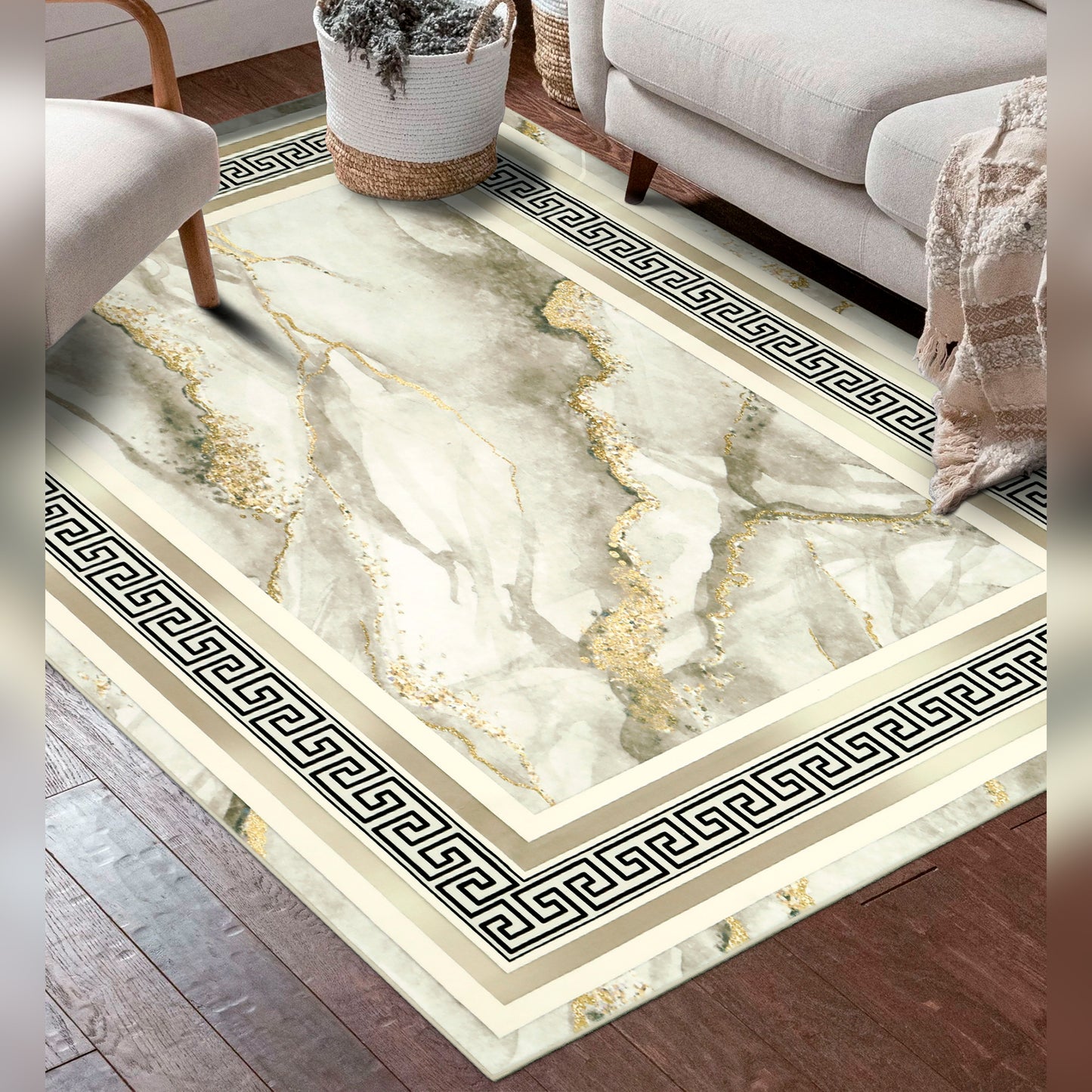 Decor Non-Slip Back Soft Area Carpet Floor Area Rug Indoor Accent Decorative Mat, Modern Gold Grey Marble Greek Key Design, 5 x 7 Feet