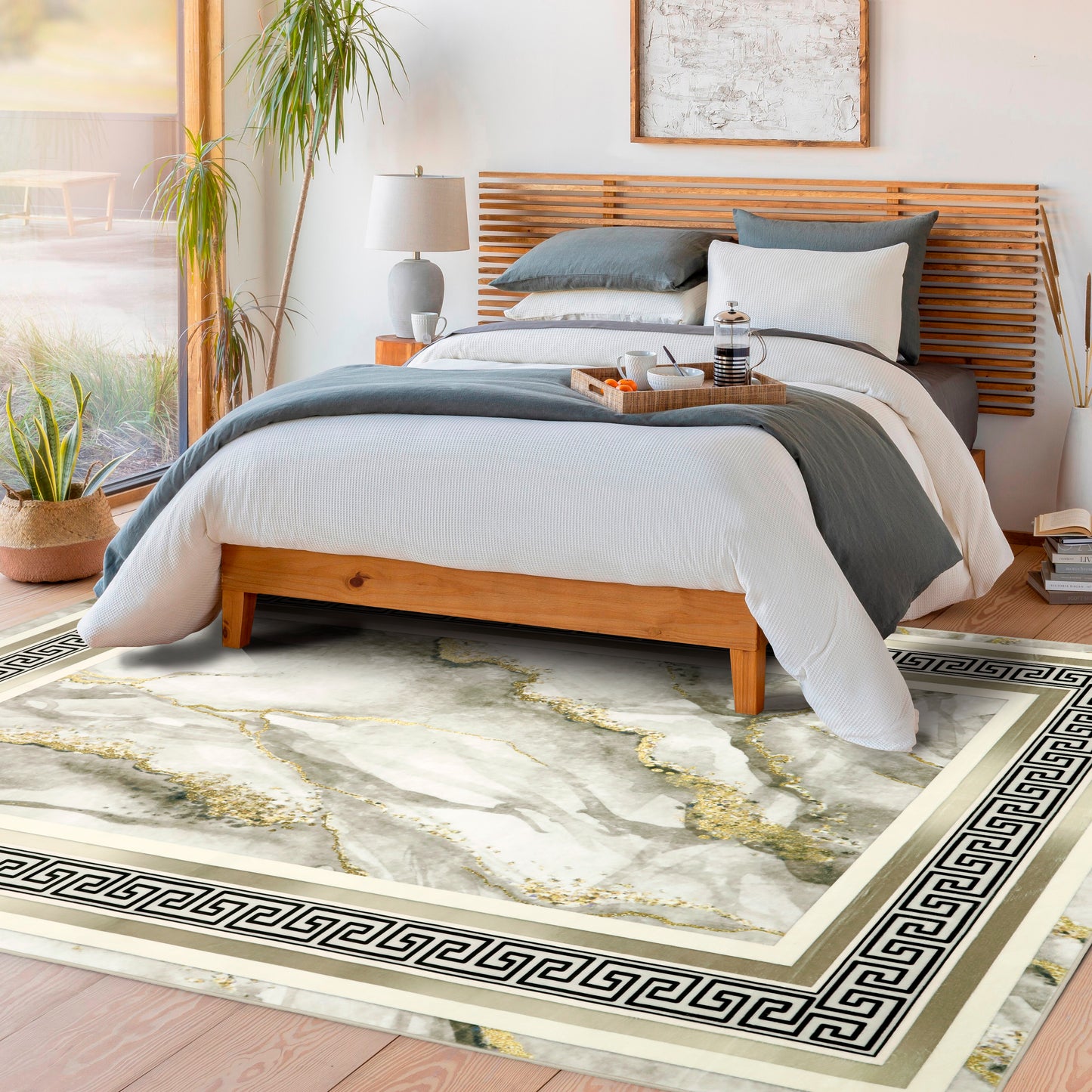 Decor Non-Slip Back Soft Area Carpet Floor Area Rug Indoor Accent Decorative Mat, Modern Gold Grey Marble Greek Key Design, 5 x 7 Feet