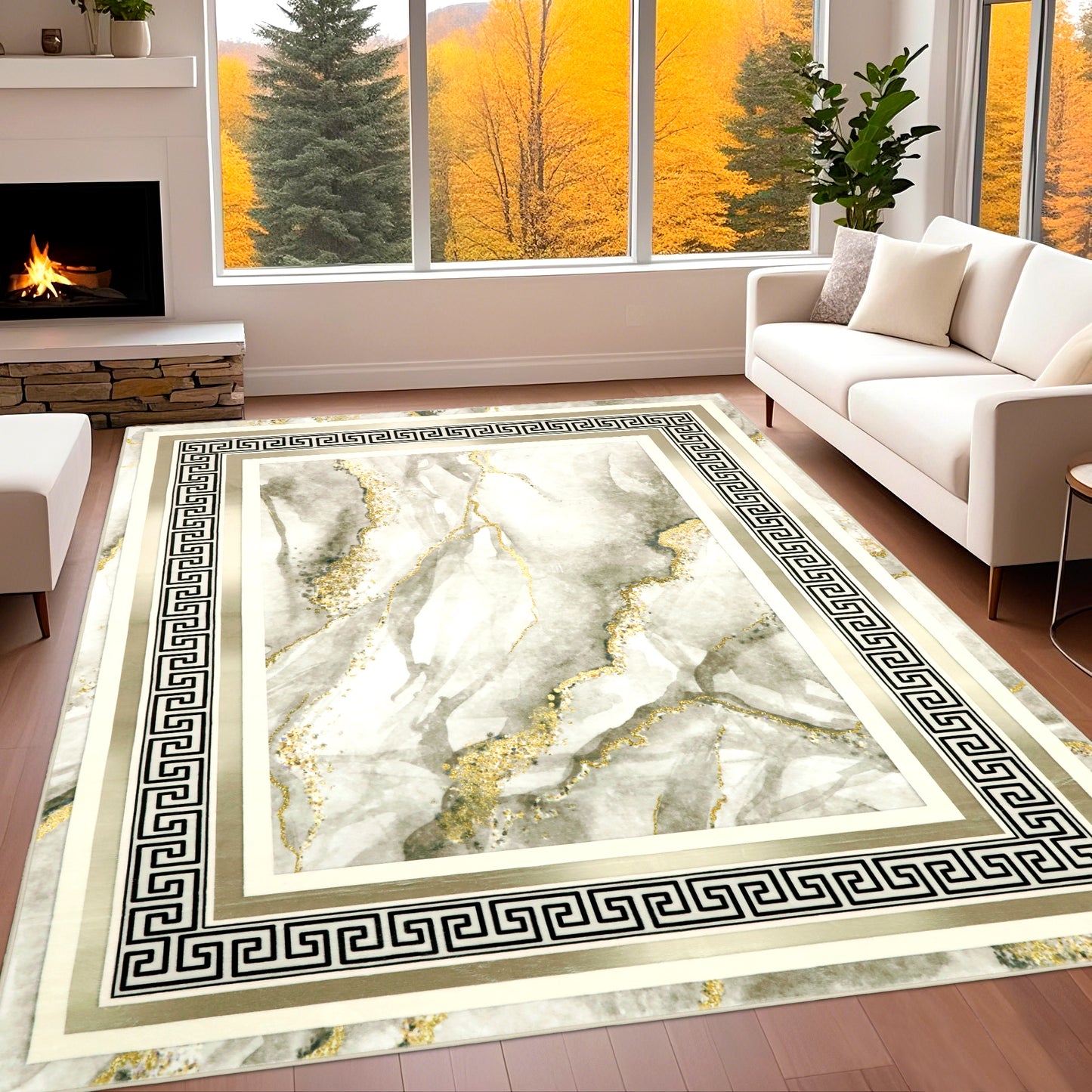 Decor Non-Slip Back Soft Area Carpet Floor Area Rug Indoor Accent Decorative Mat, Modern Gold Grey Marble Greek Key Design, 5 x 7 Feet