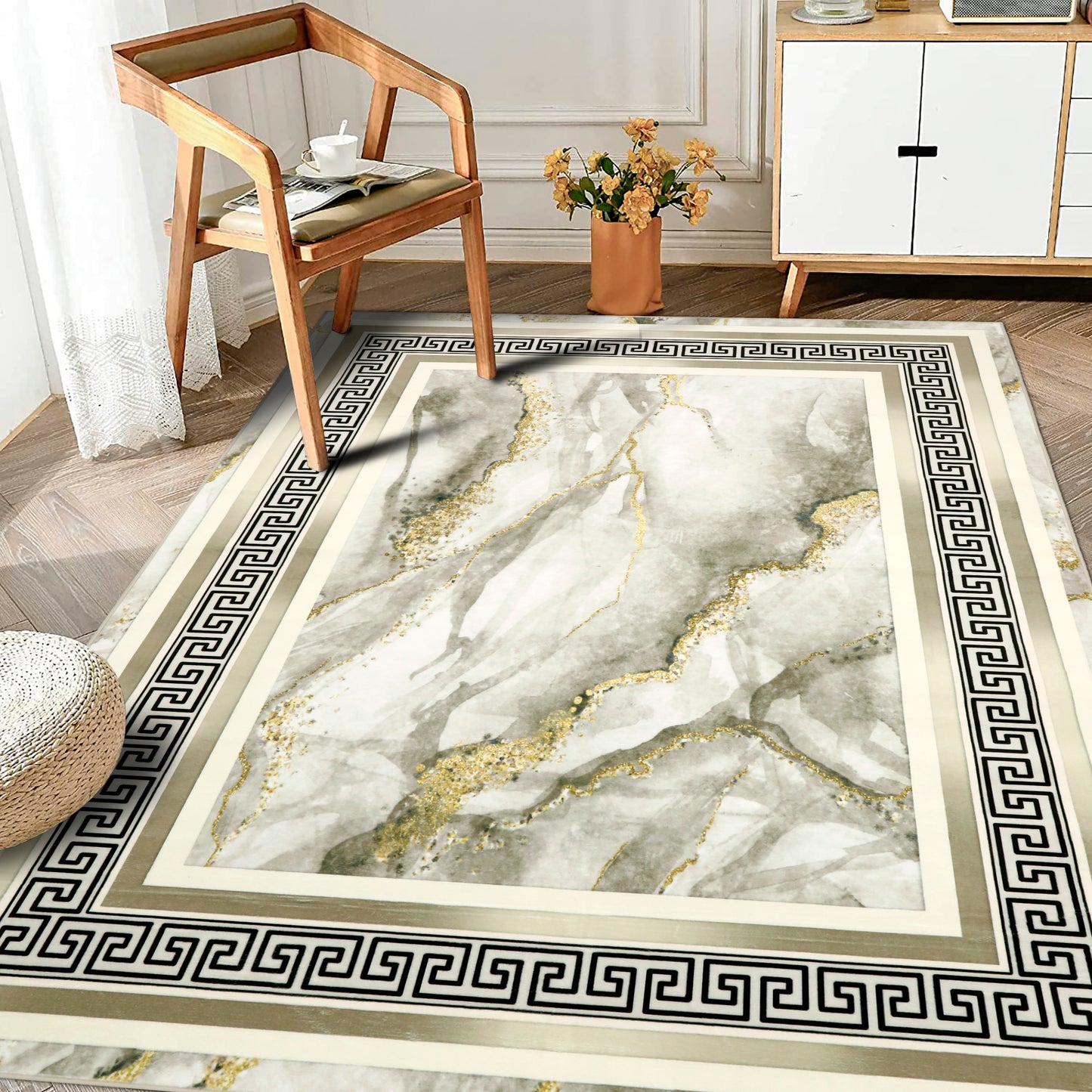 Decor Non-Slip Back Soft Area Carpet Floor Area Rug Indoor Accent Decorative Mat, Modern Gold Grey Marble Greek Key Design, 5 x 7 Feet