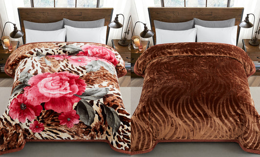 Printed Reversible Woven Fluffy Plush Soft Warm Korean Style 2 Ply Flannel Fleece Throw Animal Mink Blanket, 86" x 94" Floral Leopard