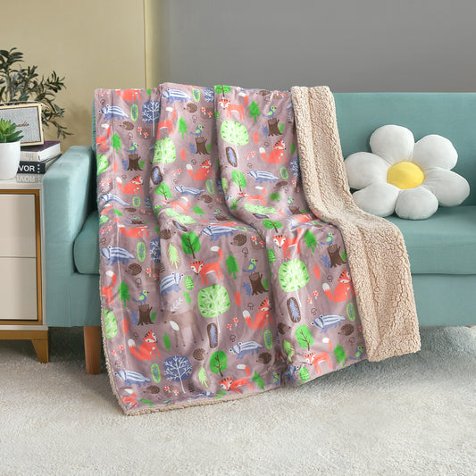 Kid Printed Fluffy Plush Soft Warm Flannel Fleece Children Throw Sherpa Kids Blanket, 40" x 50" Fox Forest Taupe