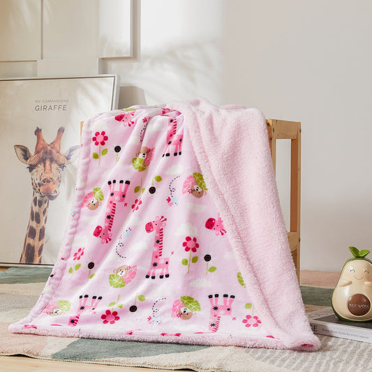 Kid Printed Fluffy Plush Soft Warm Flannel Fleece Children Throw Sherpa Kids Blanket, 30" x 40" Pink Giraffe Monkey