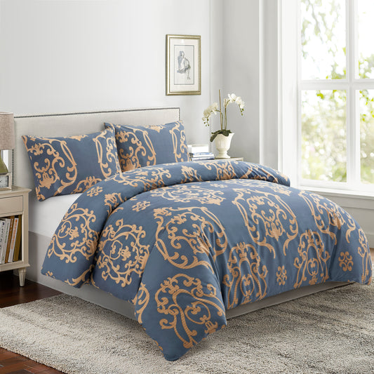 Printed Rayon from Bamboo Soft All Season Duvet Cover Fitted Sheet Ensemble Bedding Set with Zipper and Corner Tie, Gold Damask Navy Blue