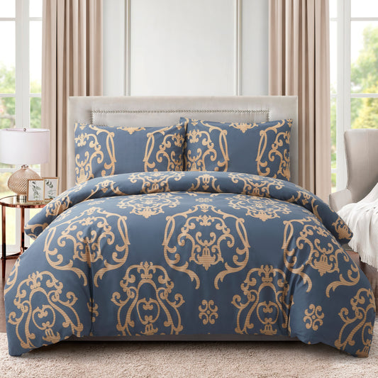 Back to School Sales Printed Bedding Set Gold Damask Navy Blue Pattern Full Size