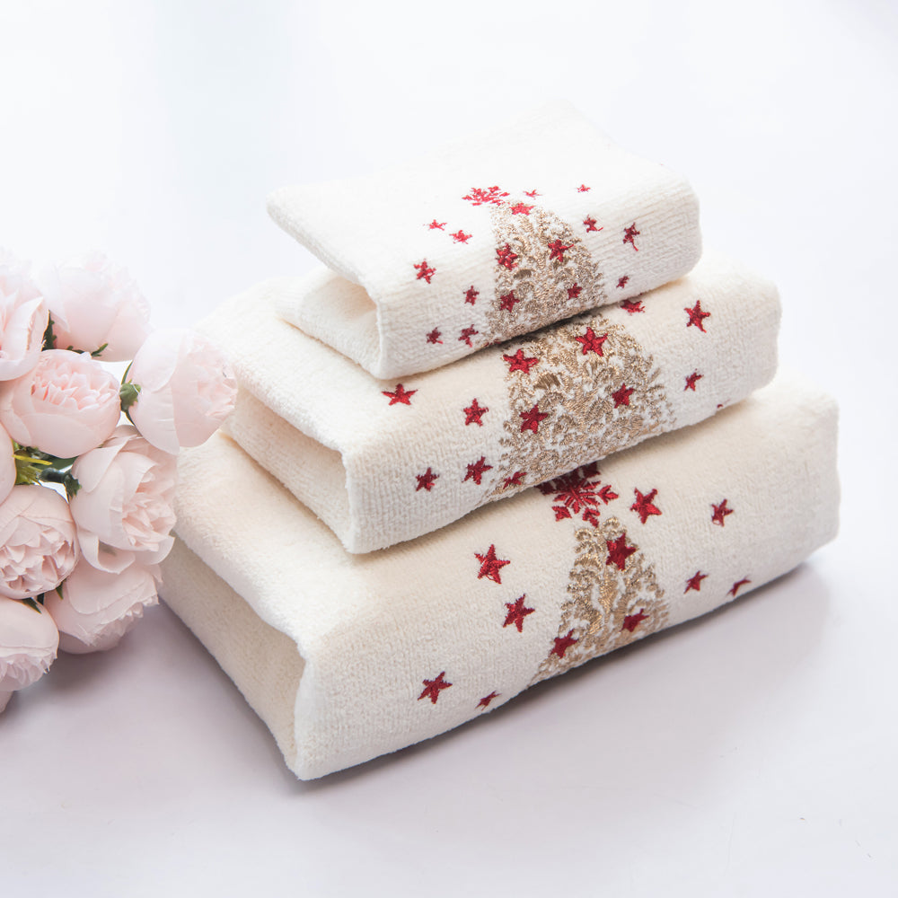 Premium Luxury Xmas Decor Soft 100% Cotton Embroidered Bathroom Christmas 3 Piece Towel Set, Gold Christmas Tree
